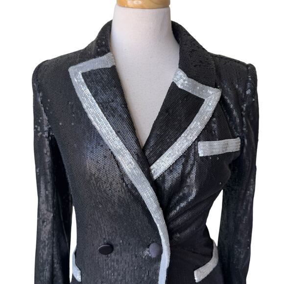 L'AGENCE Marlowe Sequined Trimmed Long Coat Black Silver Size 4 - Picture 5 of 13